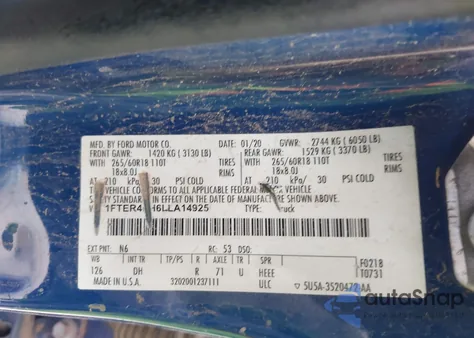 2020 Ford Ranger Lariat из США, поврежденный, VIN 1FTER4FH6LLA14925